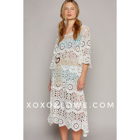 POL Off White Cotton Crochet Half Sleeve Relaxed Fit A Line Dress - Picture 8 of 11